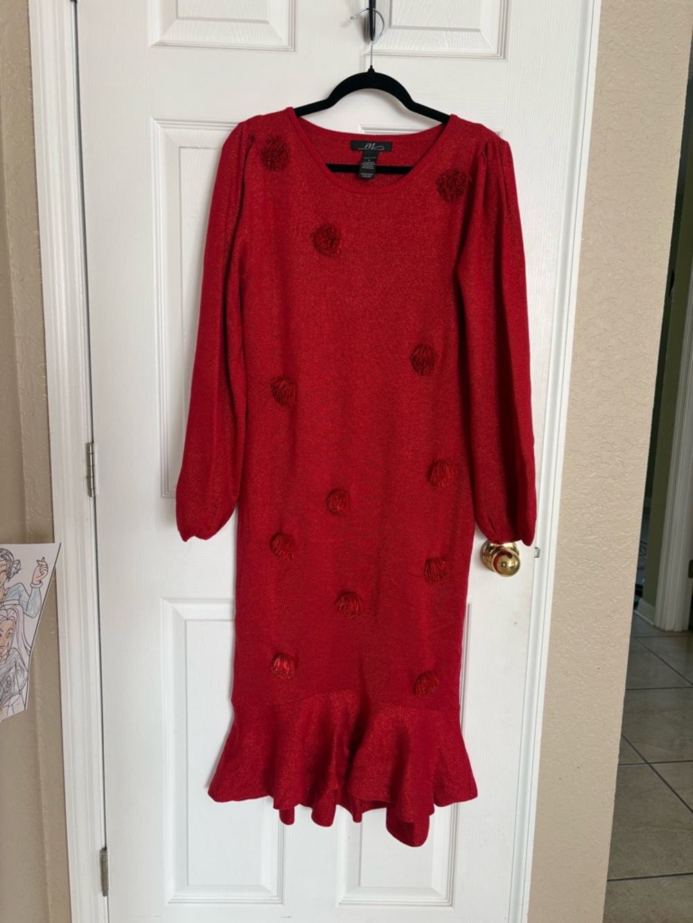 Red Sweater Dress Pom Pom Texture Ruffle Hem Long Sleeve Women Large